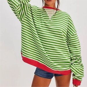 FREE PEOPLE Green & Pink Viral Classic Striped Crewneck Pullover Sweatshirt NWOT